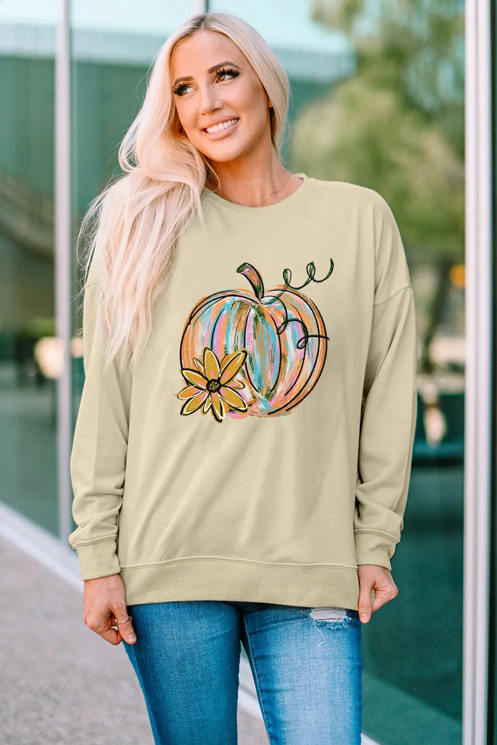 Khaki Pumpkin Flower Print Pullover Sweatshirt