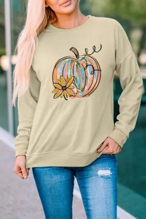 Khaki Pumpkin Flower Print Pullover Sweatshirt