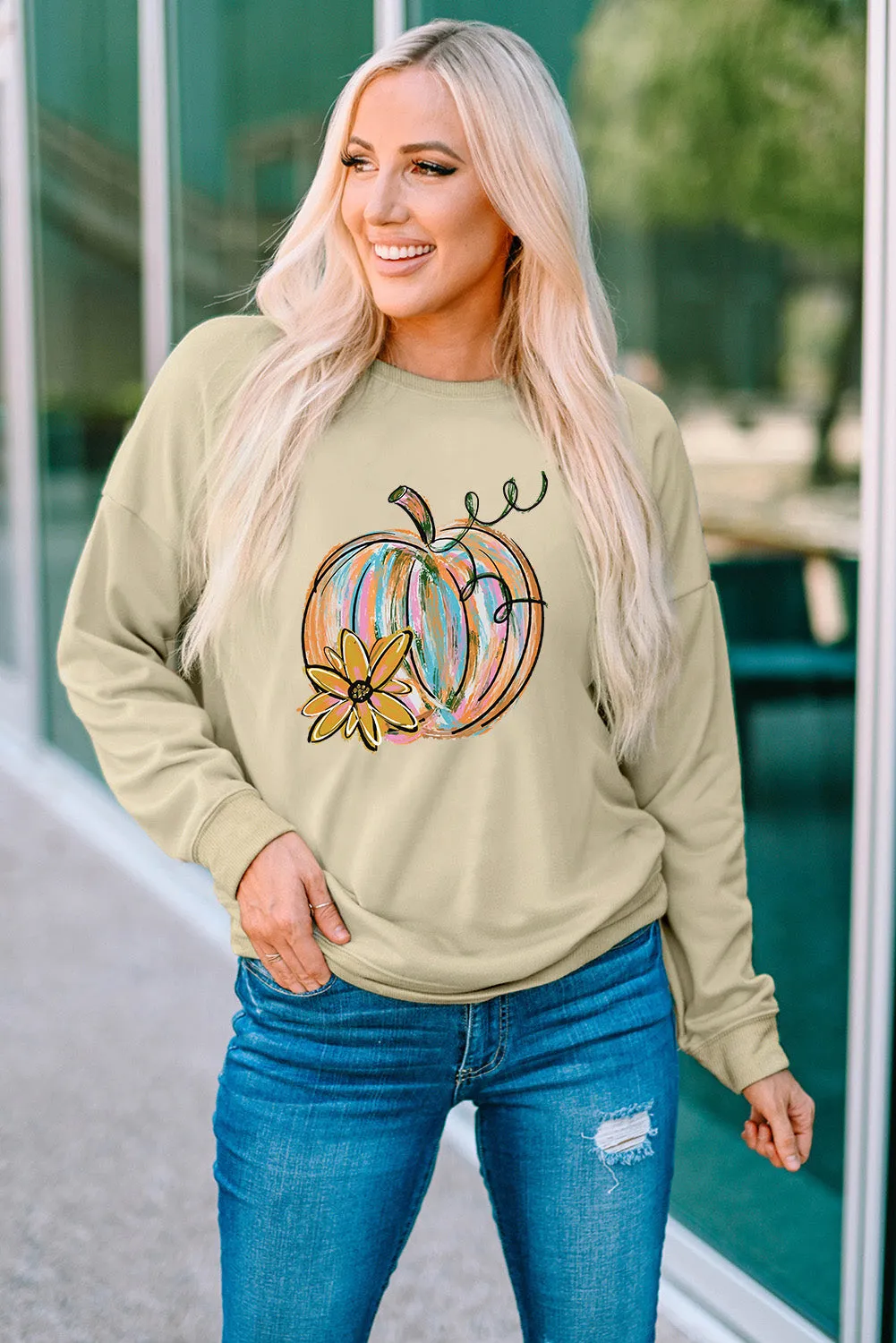 Khaki Pumpkin Flower Print Pullover Sweatshirt
