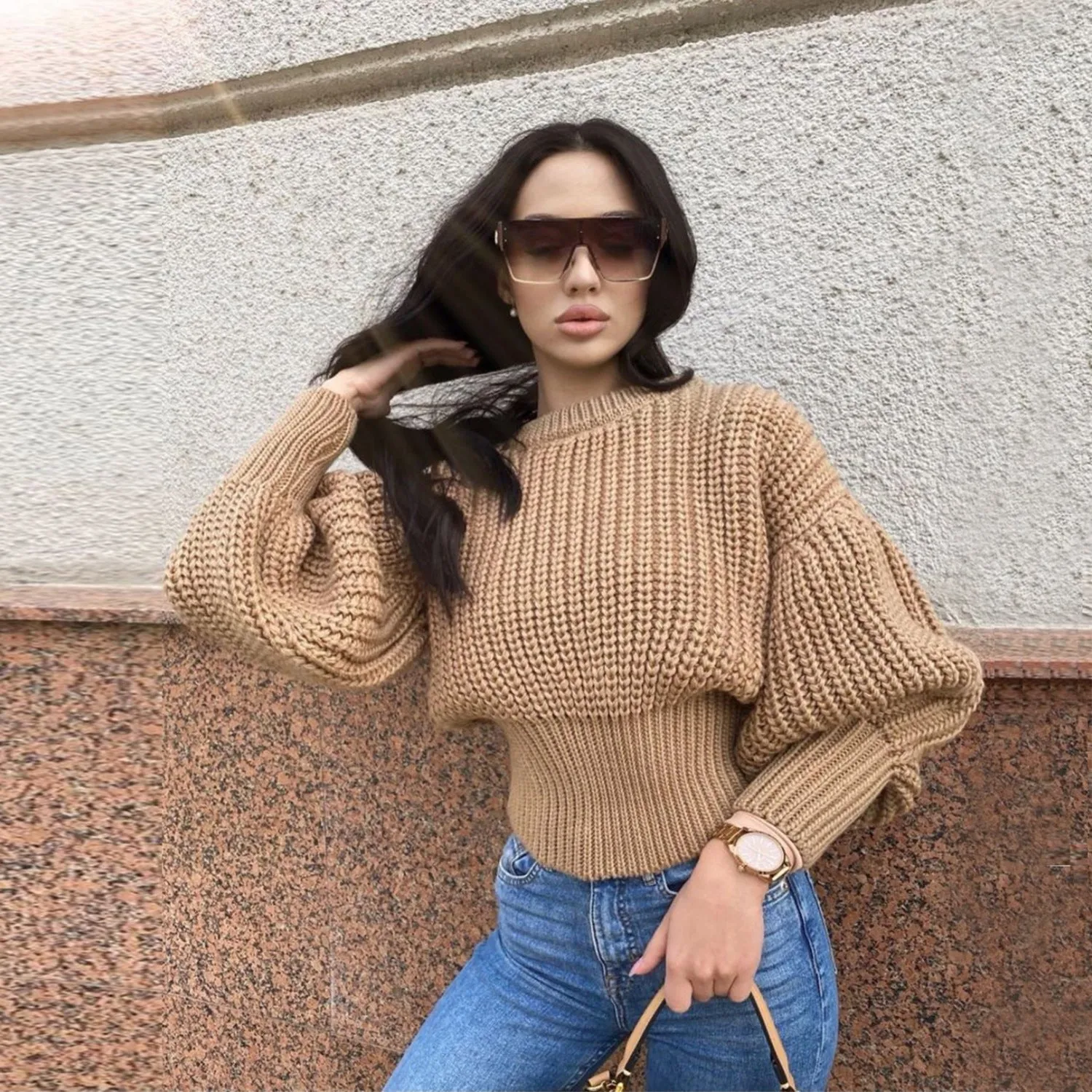 Knit Round Neck Lantern Sleeve Single-breasted Sweaters