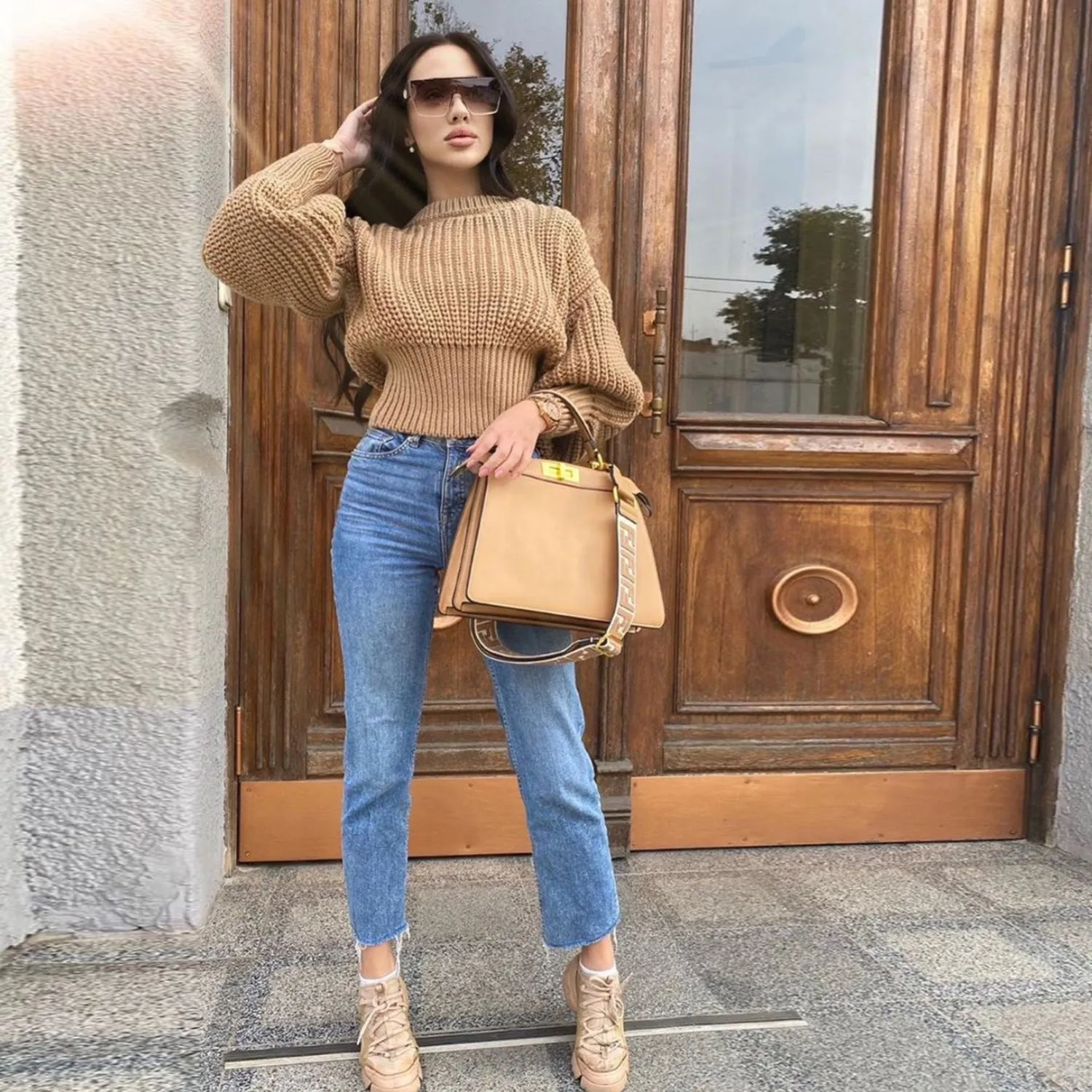 Knit Round Neck Lantern Sleeve Single-breasted Sweaters