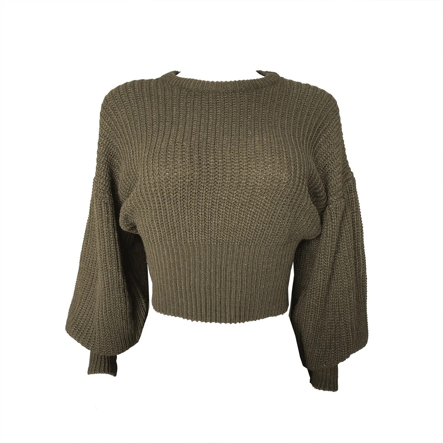 Knit Round Neck Lantern Sleeve Single-breasted Sweaters