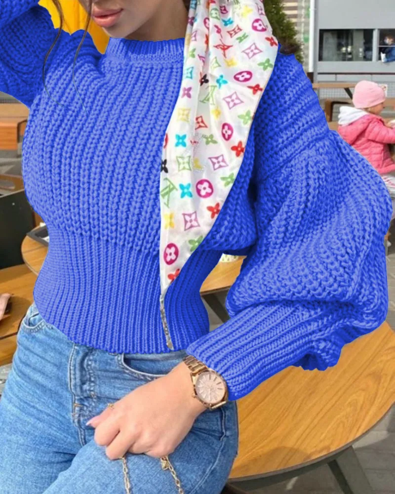 Knit Round Neck Lantern Sleeve Single-breasted Sweaters