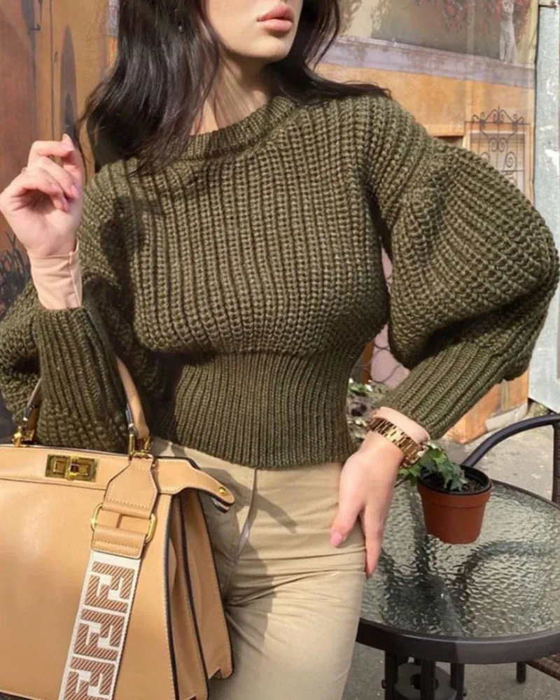 Knit Round Neck Lantern Sleeve Single-breasted Sweaters