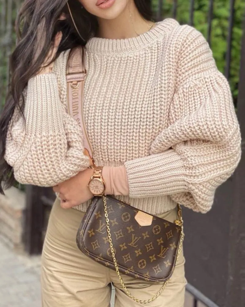 Knit Round Neck Lantern Sleeve Single-breasted Sweaters