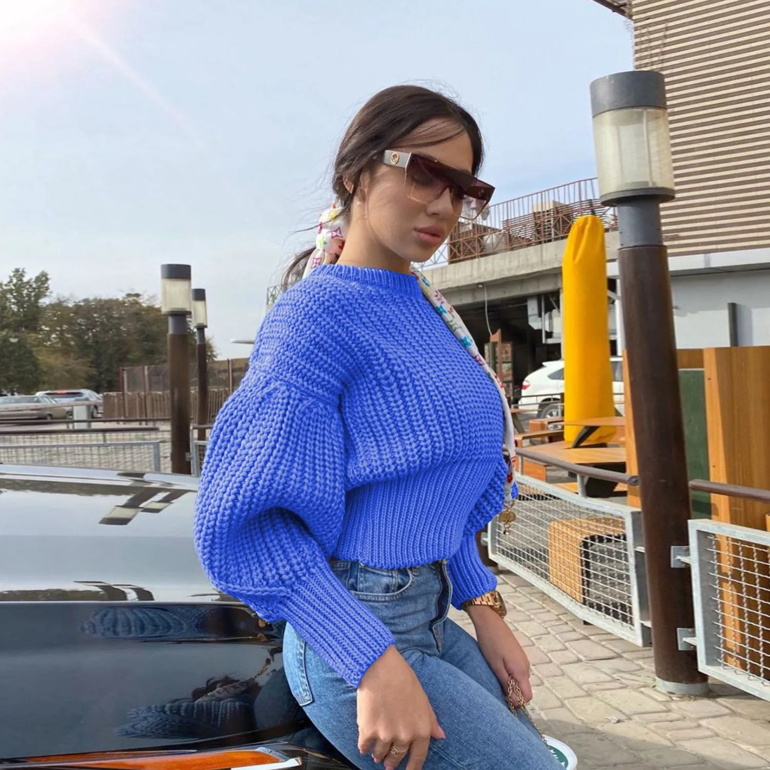 Knit Round Neck Lantern Sleeve Single-breasted Sweaters