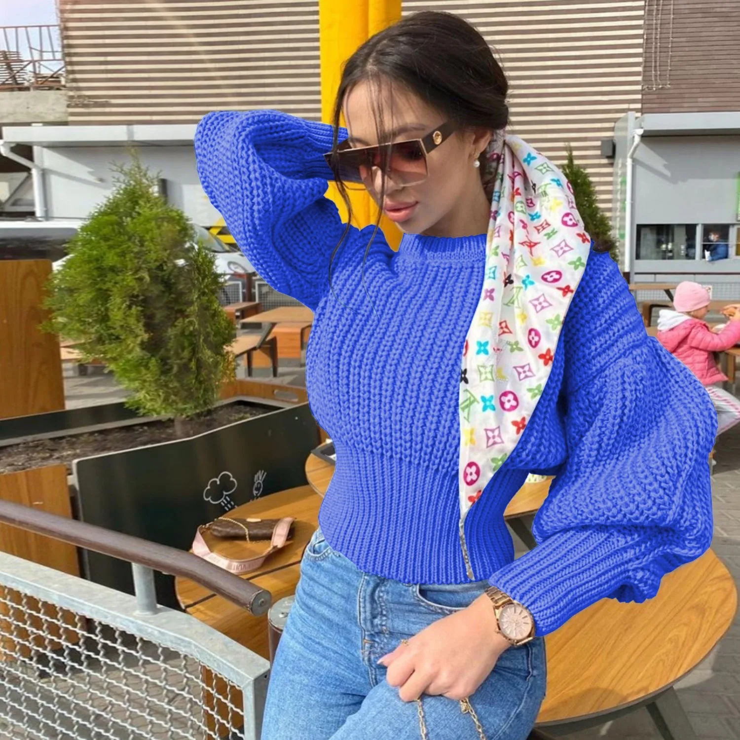 Knit Round Neck Lantern Sleeve Single-breasted Sweaters