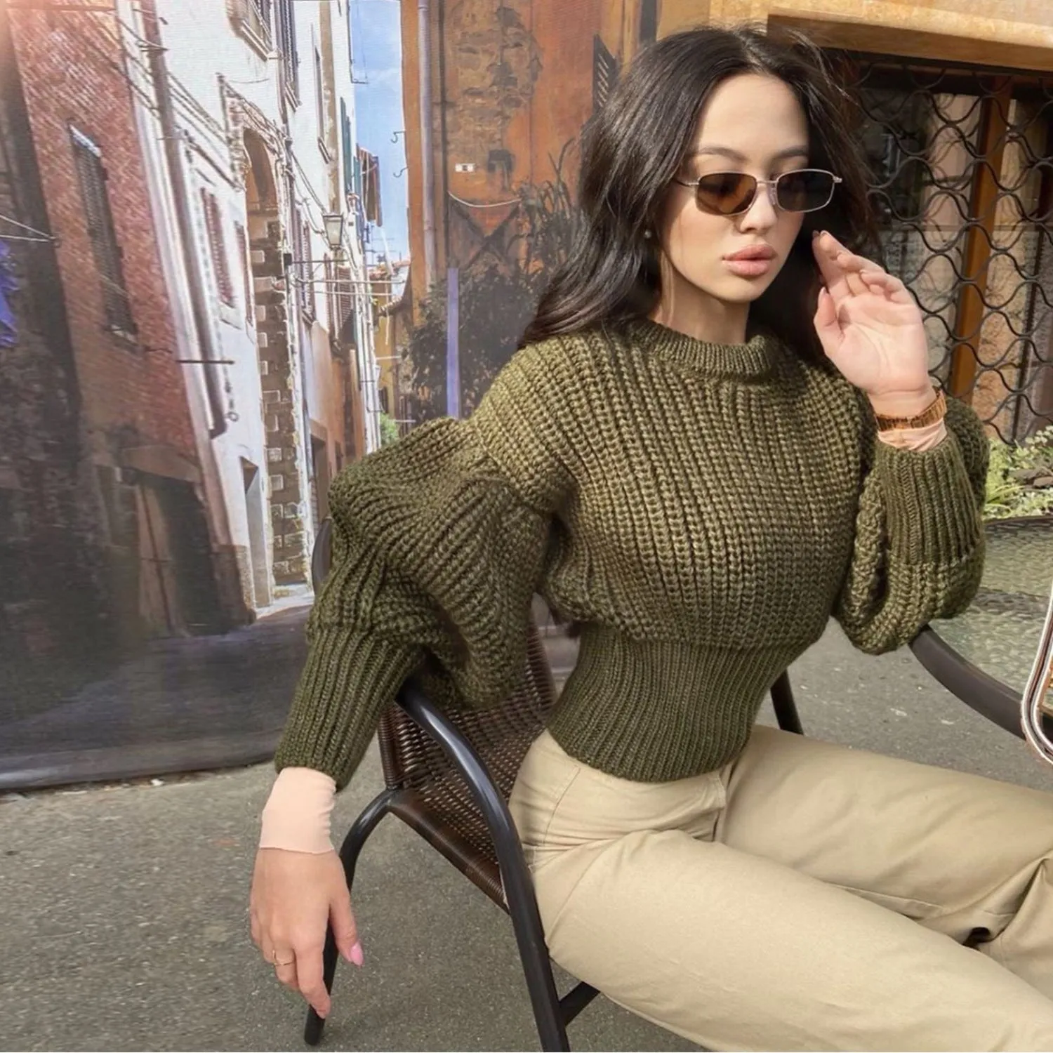 Knit Round Neck Lantern Sleeve Single-breasted Sweaters