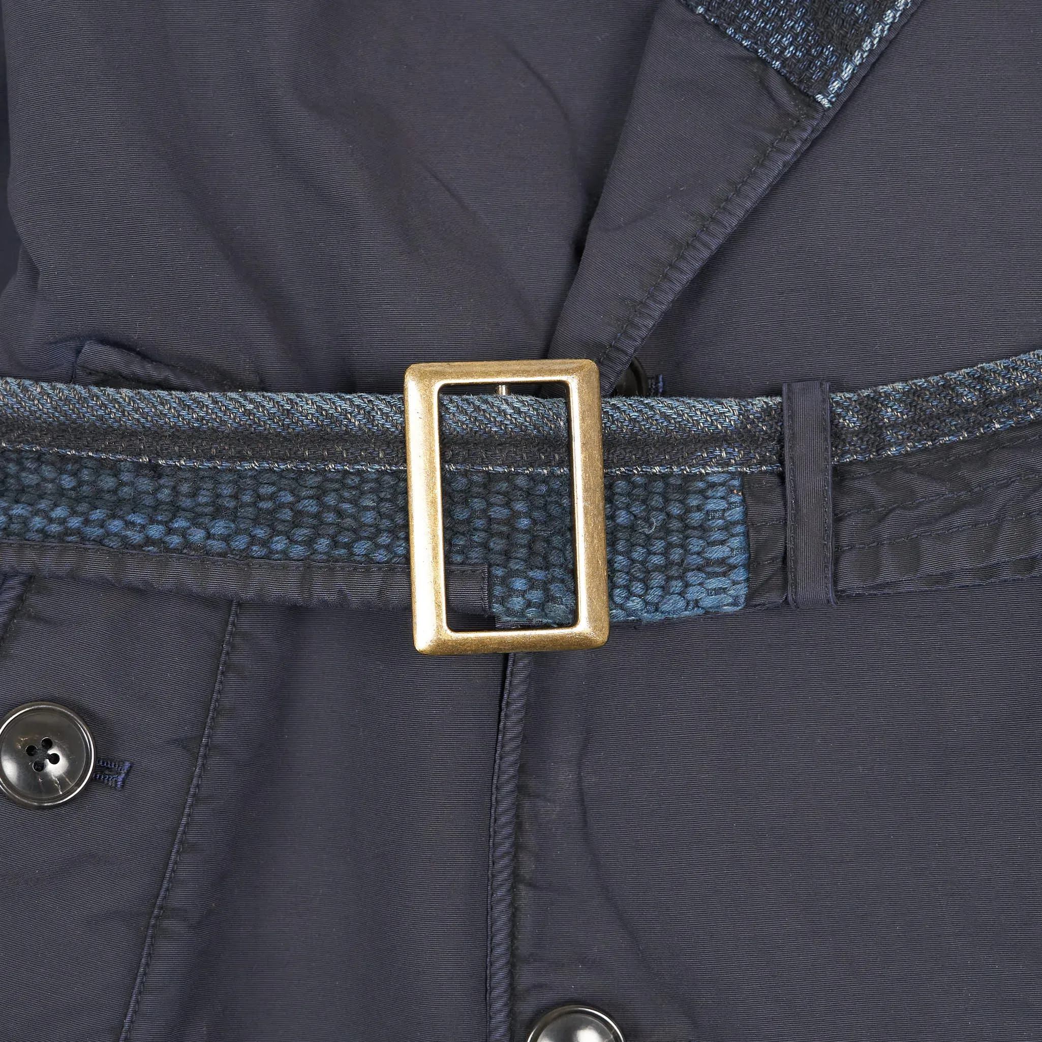 KRM Kyoto Indigo Patchwork Double Breasted Trench Coat with Belt