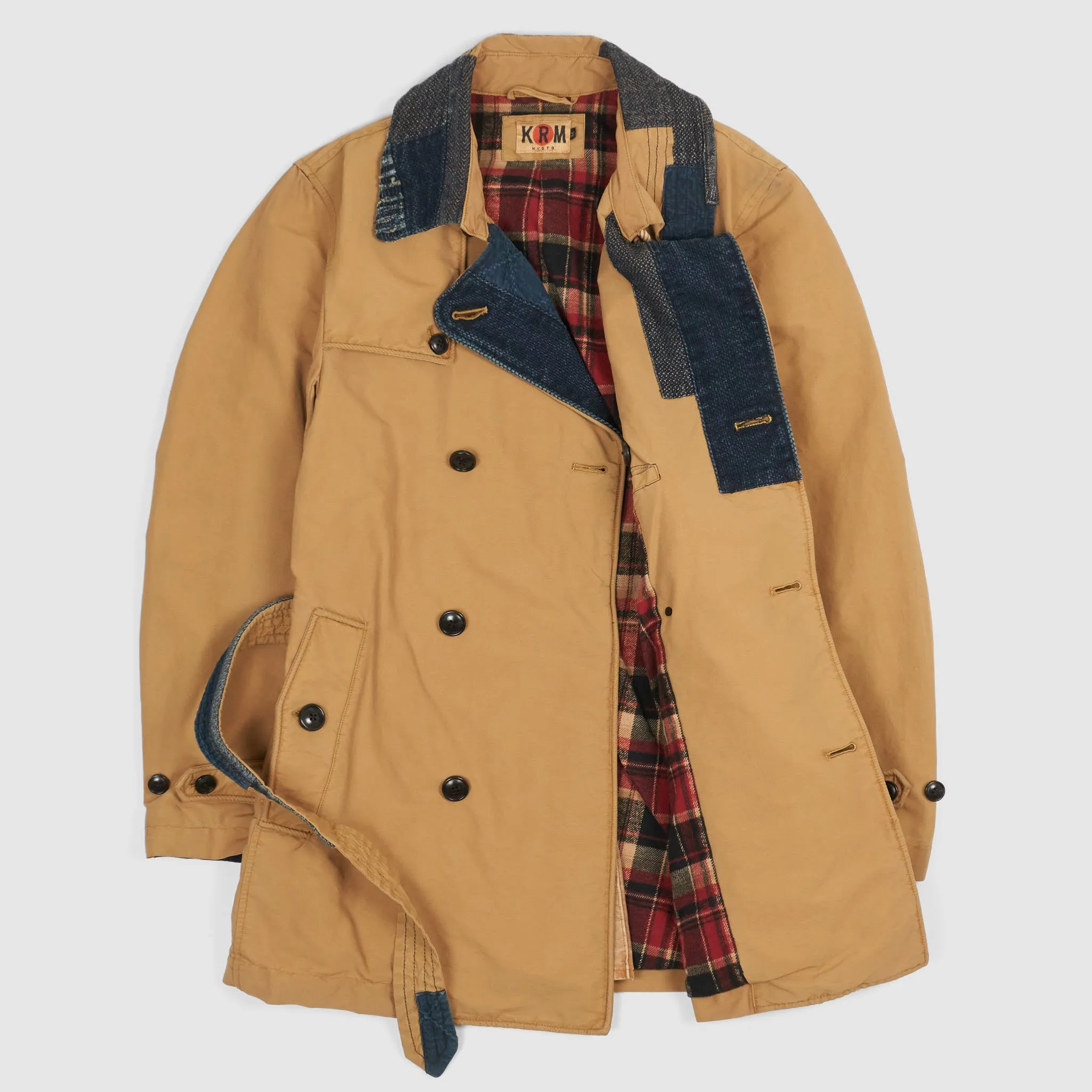 KRM Kyoto Indigo Patchwork Double Breasted Trench Coat with Belt