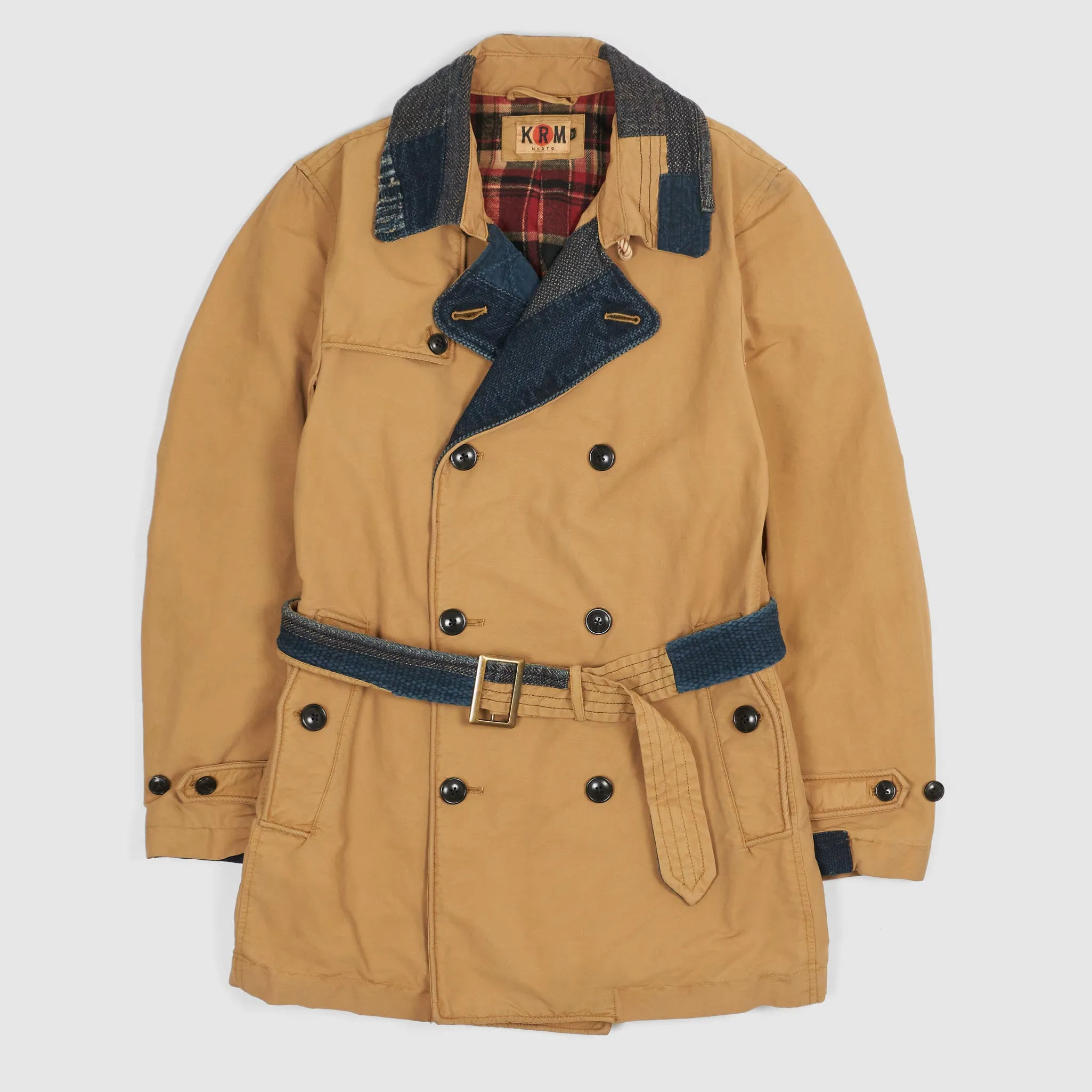 KRM Kyoto Indigo Patchwork Double Breasted Trench Coat with Belt
