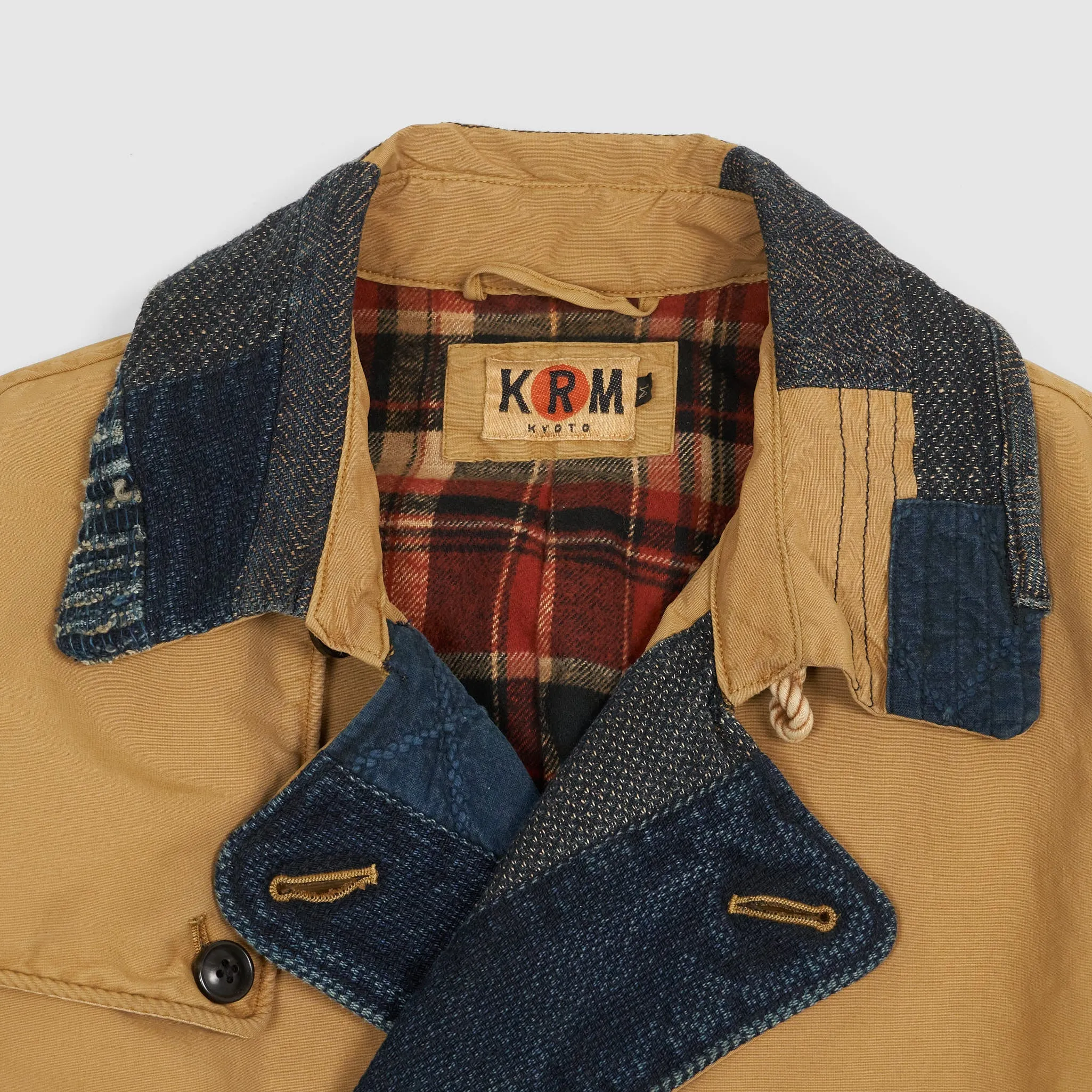 KRM Kyoto Indigo Patchwork Double Breasted Trench Coat with Belt