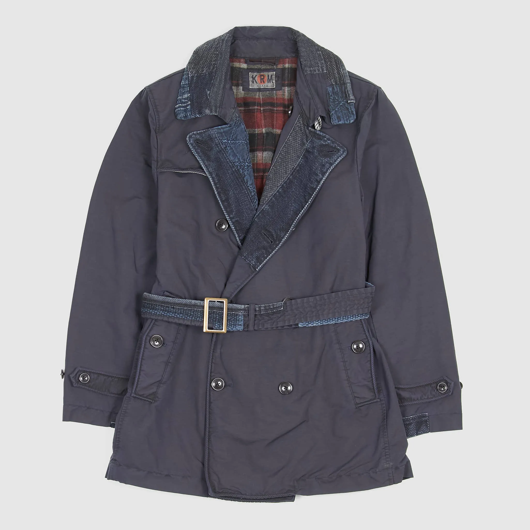 KRM Kyoto Indigo Patchwork Double Breasted Trench Coat with Belt