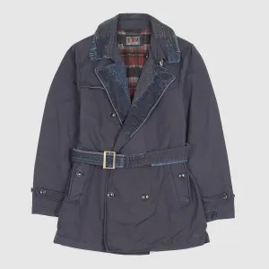 KRM Kyoto Indigo Patchwork Double Breasted Trench Coat with Belt