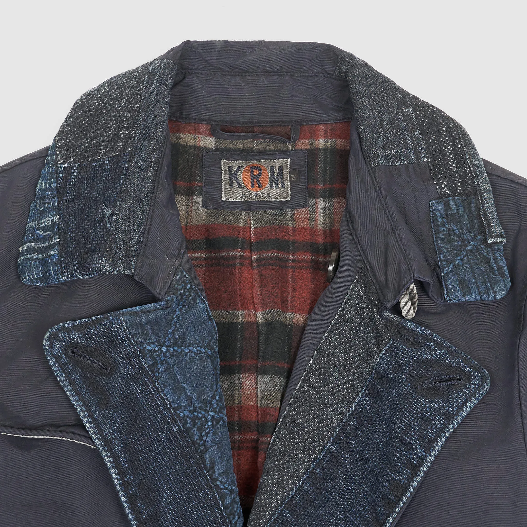 KRM Kyoto Indigo Patchwork Double Breasted Trench Coat with Belt