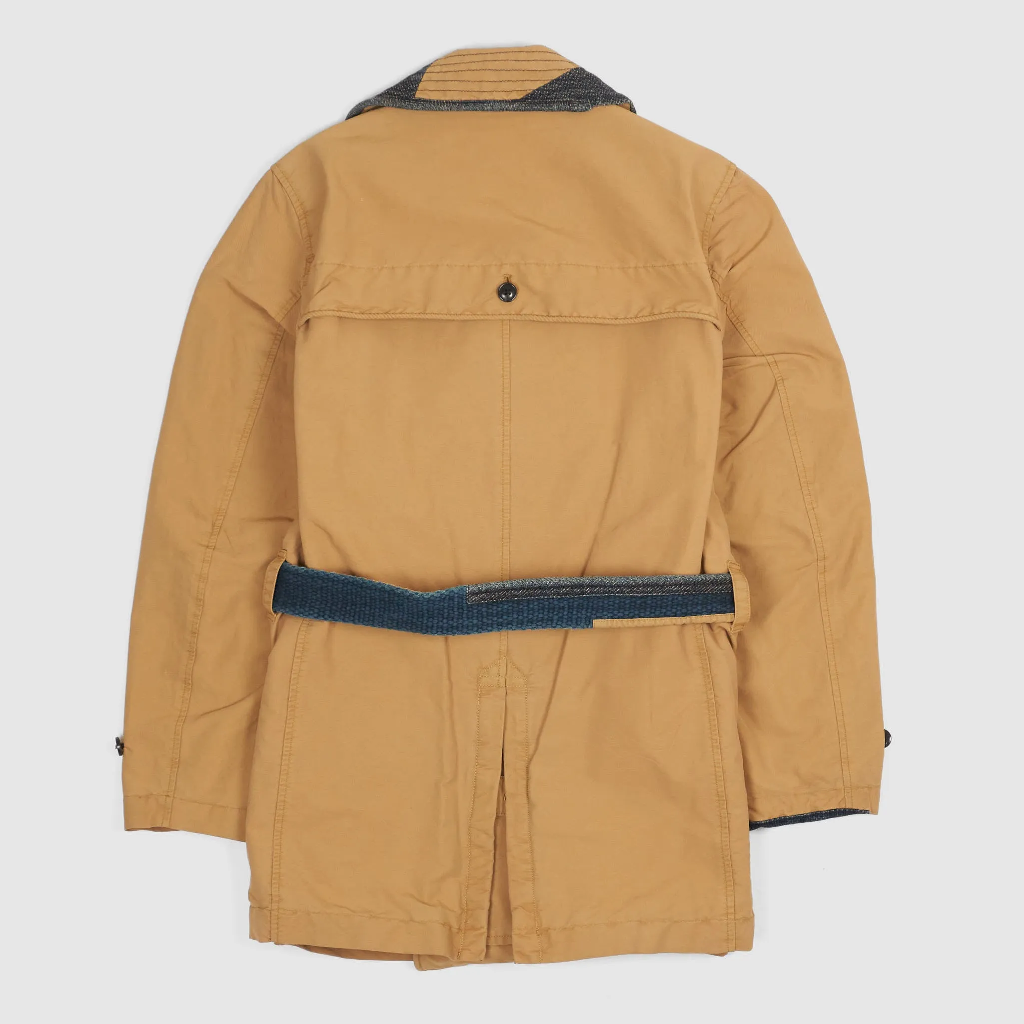 KRM Kyoto Indigo Patchwork Double Breasted Trench Coat with Belt