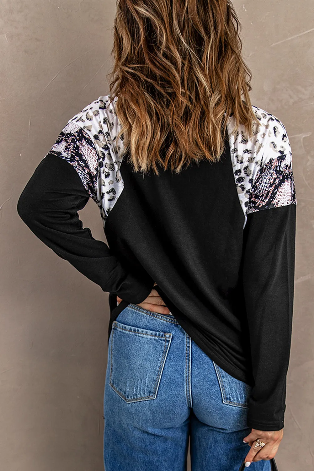 Leopard Star Print Patchwork Crew Neck Long Sleeve Top