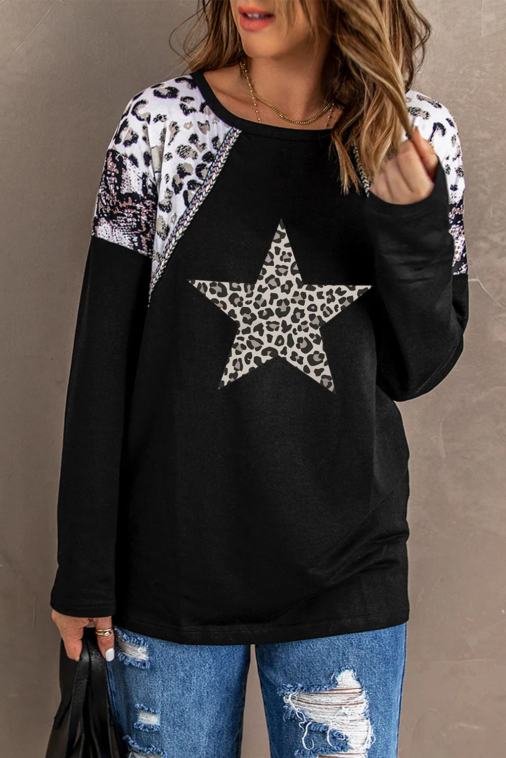 Leopard Star Print Patchwork Crew Neck Long Sleeve Top
