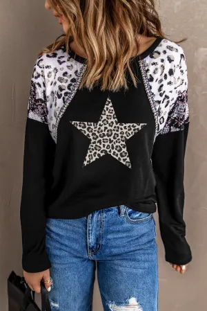 Leopard Star Print Patchwork Crew Neck Long Sleeve Top