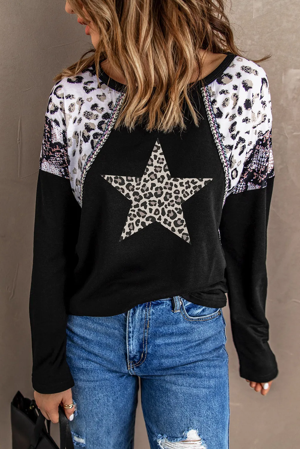 Leopard Star Print Patchwork Crew Neck Long Sleeve Top