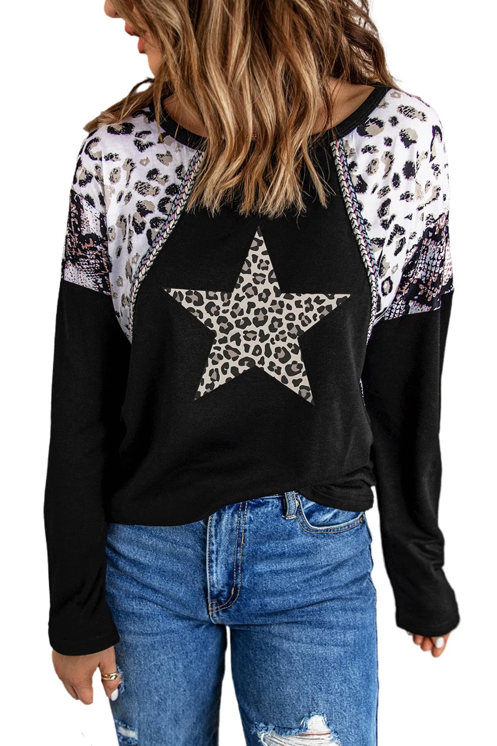 Leopard Star Print Patchwork Crew Neck Long Sleeve Top
