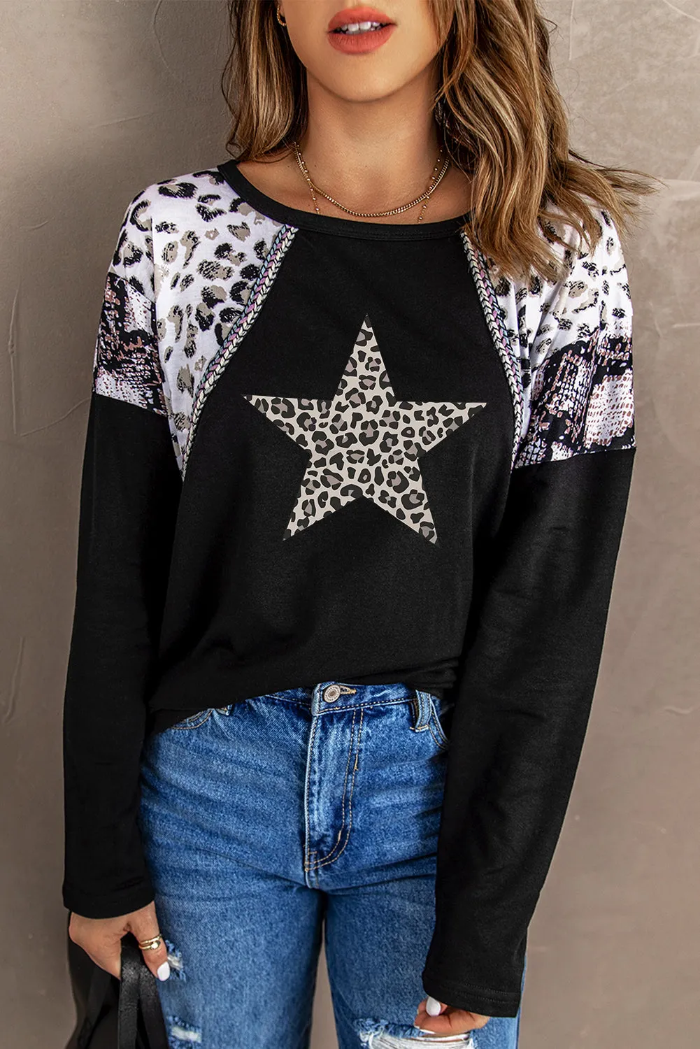 Leopard Star Print Patchwork Crew Neck Long Sleeve Top