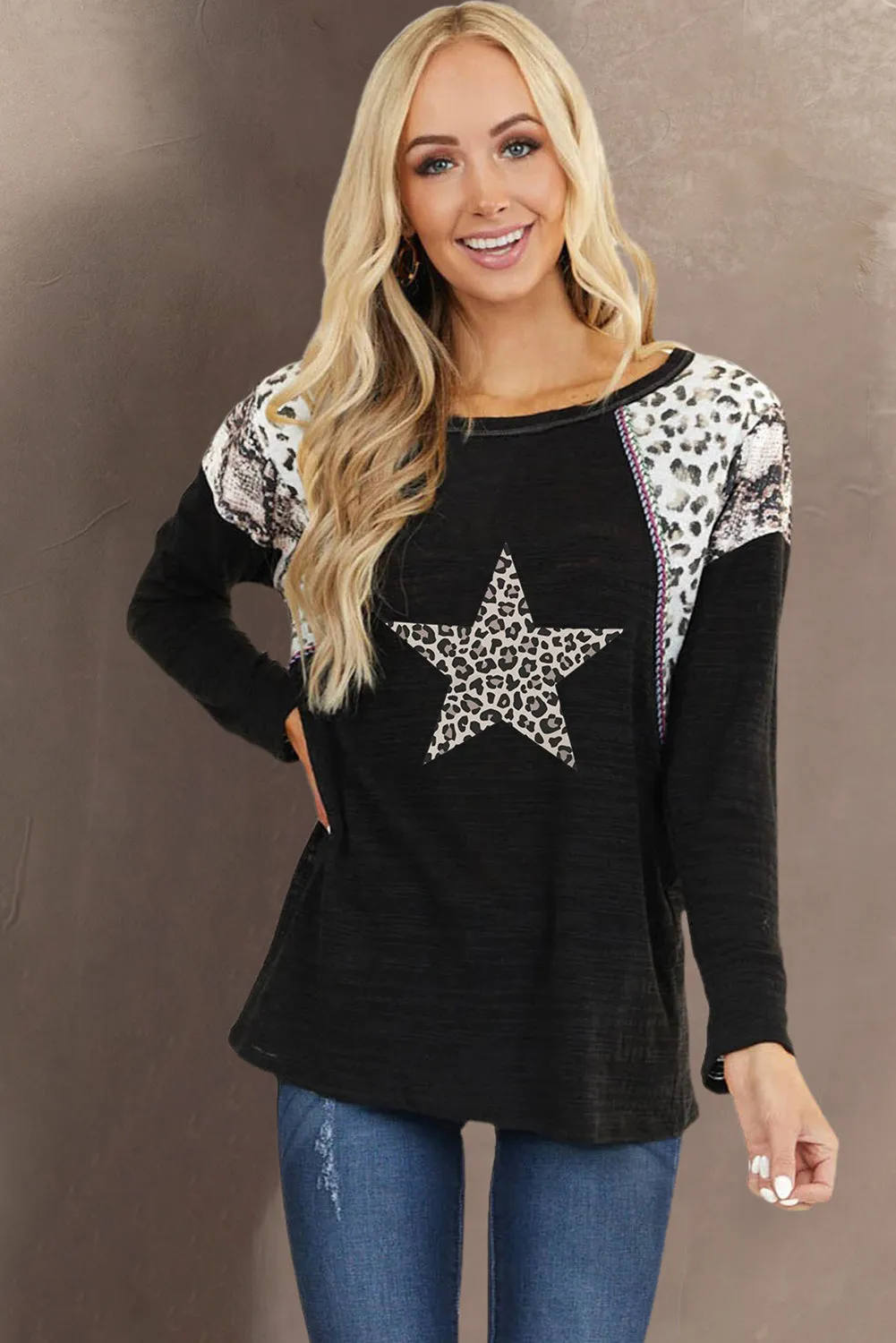 Leopard Star Print Patchwork Crew Neck Long Sleeve Top