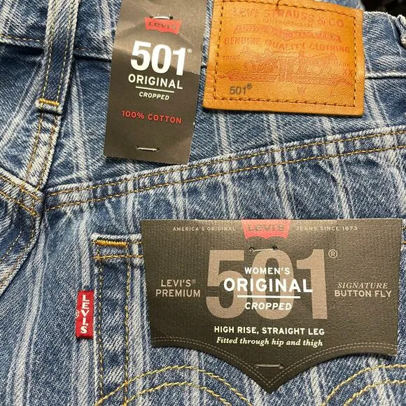 Levi's Jeans 501 Womens 24x26 Cropped Straight Leg Blue Striped Button Fly