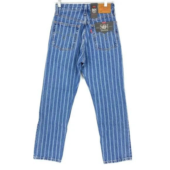 Levi's Jeans 501 Womens 24x26 Cropped Straight Leg Blue Striped Button Fly