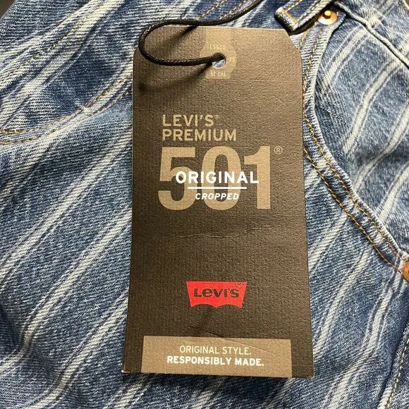 Levi's Jeans 501 Womens 24x26 Cropped Straight Leg Blue Striped Button Fly