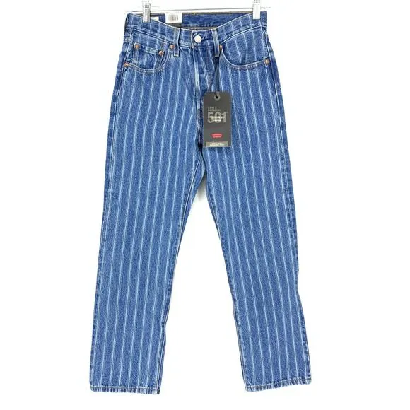 Levi's Jeans 501 Womens 24x26 Cropped Straight Leg Blue Striped Button Fly