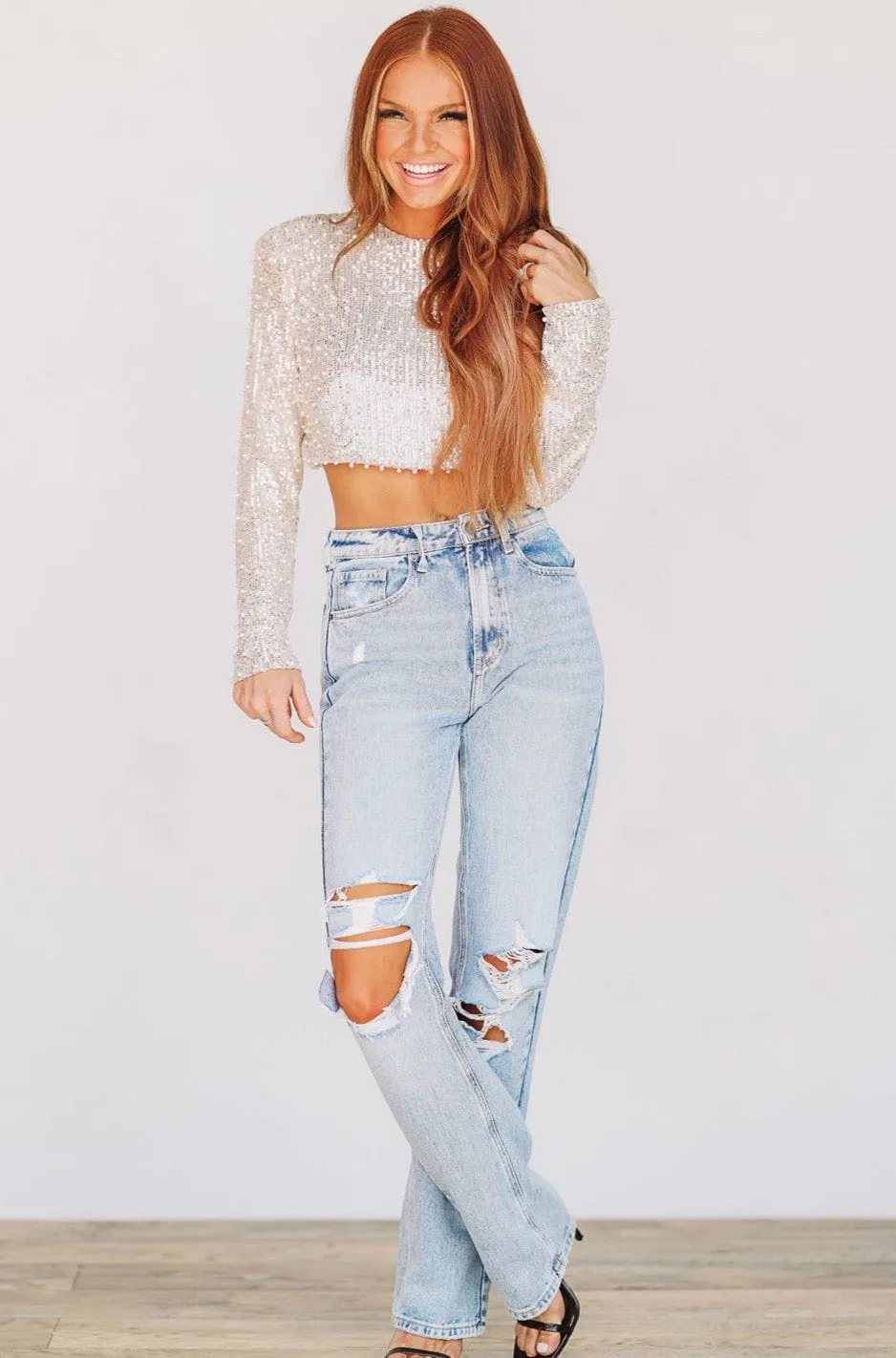 Like a Boss Sequin and Pearl Crop Top - Cream
