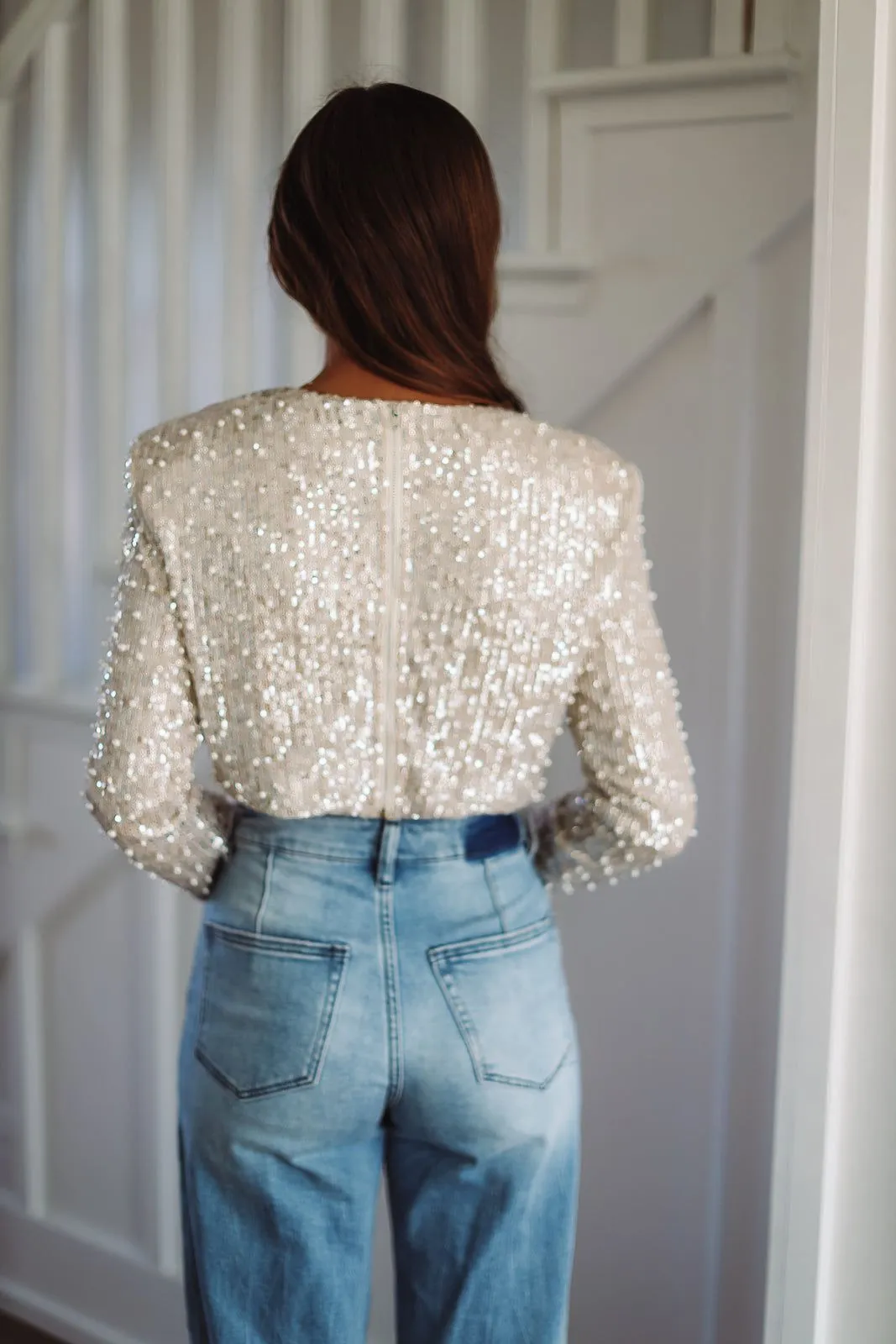 Like a Boss Sequin and Pearl Crop Top - Cream