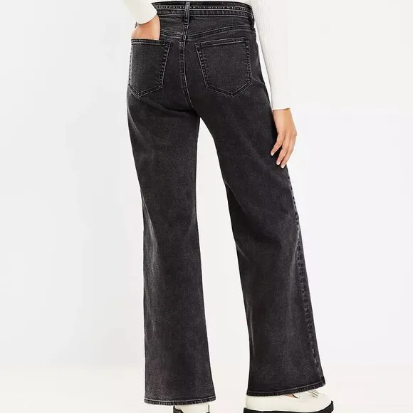 LOFT Petite Belted High Rise Wide Leg Jeans in Washed Black Wash Size 26/2 NWT