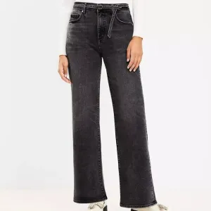 LOFT Petite Belted High Rise Wide Leg Jeans in Washed Black Wash Size 26/2 NWT