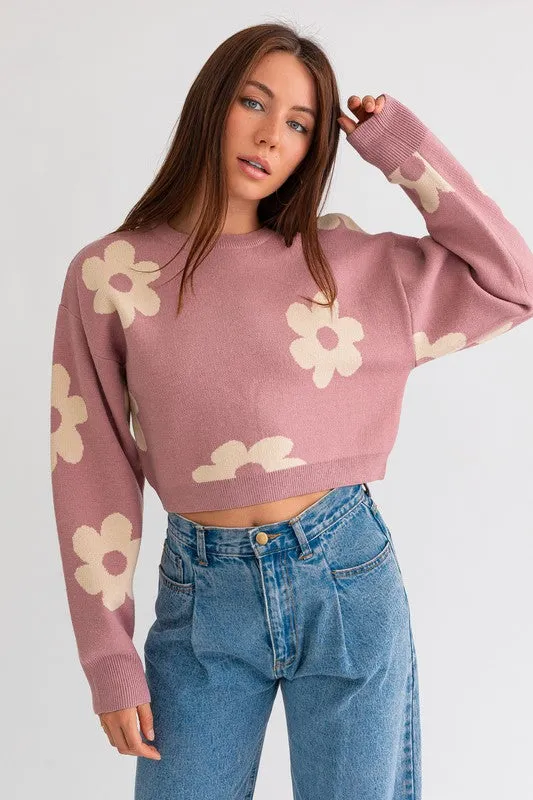 Long Sleeve Crop Sweater with Daisies