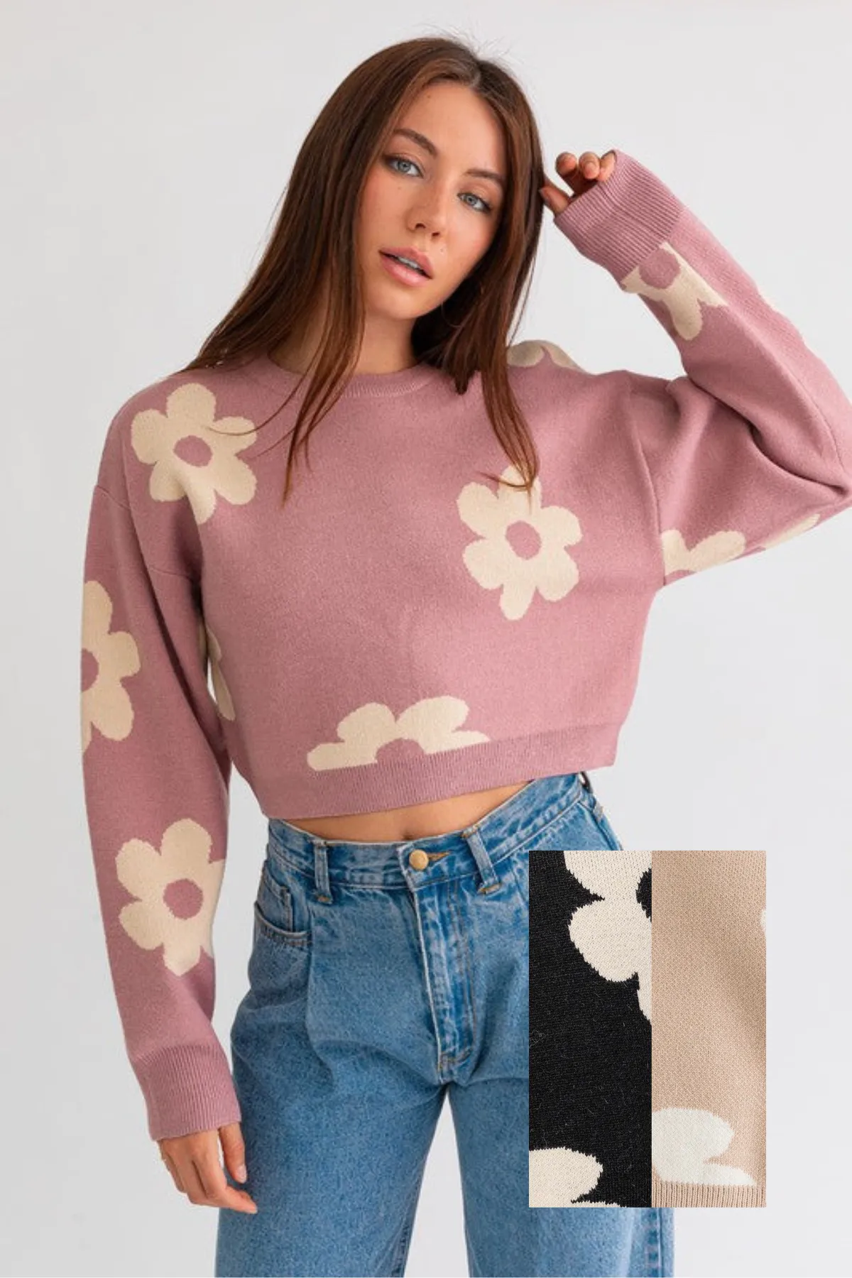 Long Sleeve Crop Sweater with Daisies