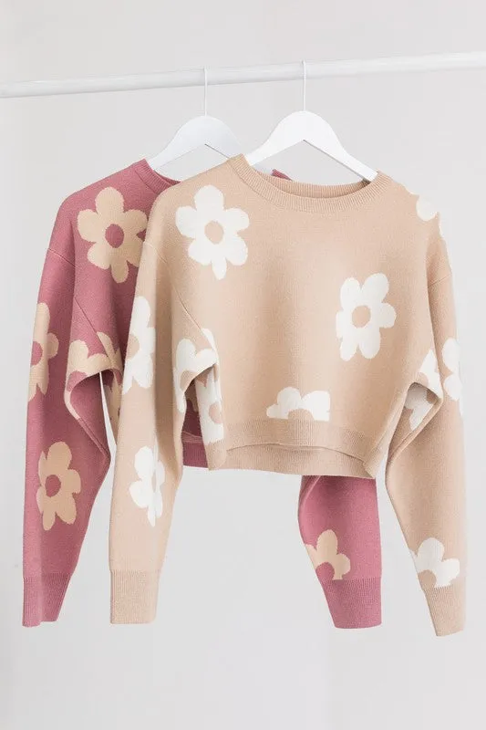 Long Sleeve Crop Sweater with Daisies