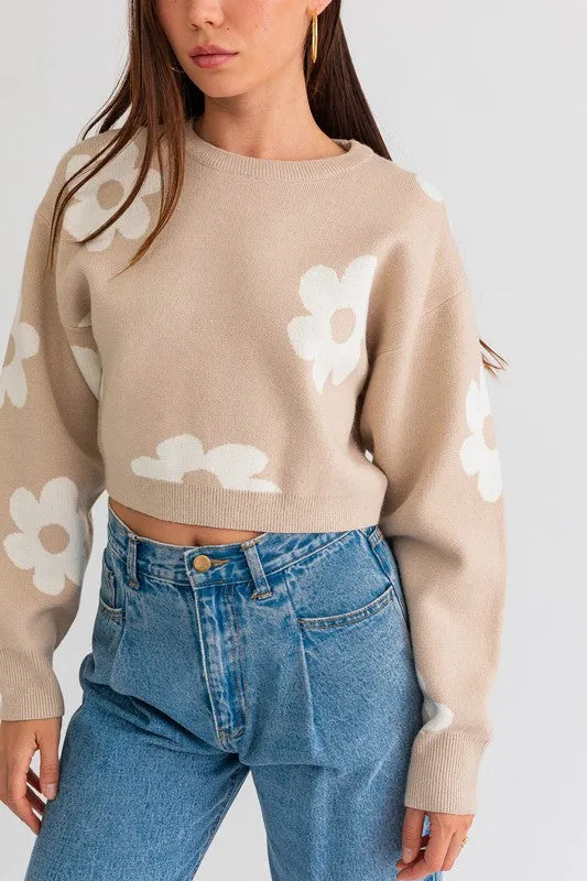 Long Sleeve Crop Sweater with Daisies