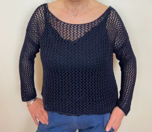 Luna Open Knit Short Sweater, Navy and White