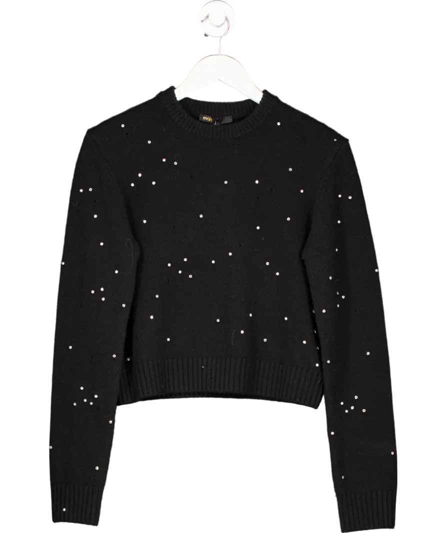 Maje Black Rhinestone Embellished Cropped Wool Jumper UK 8