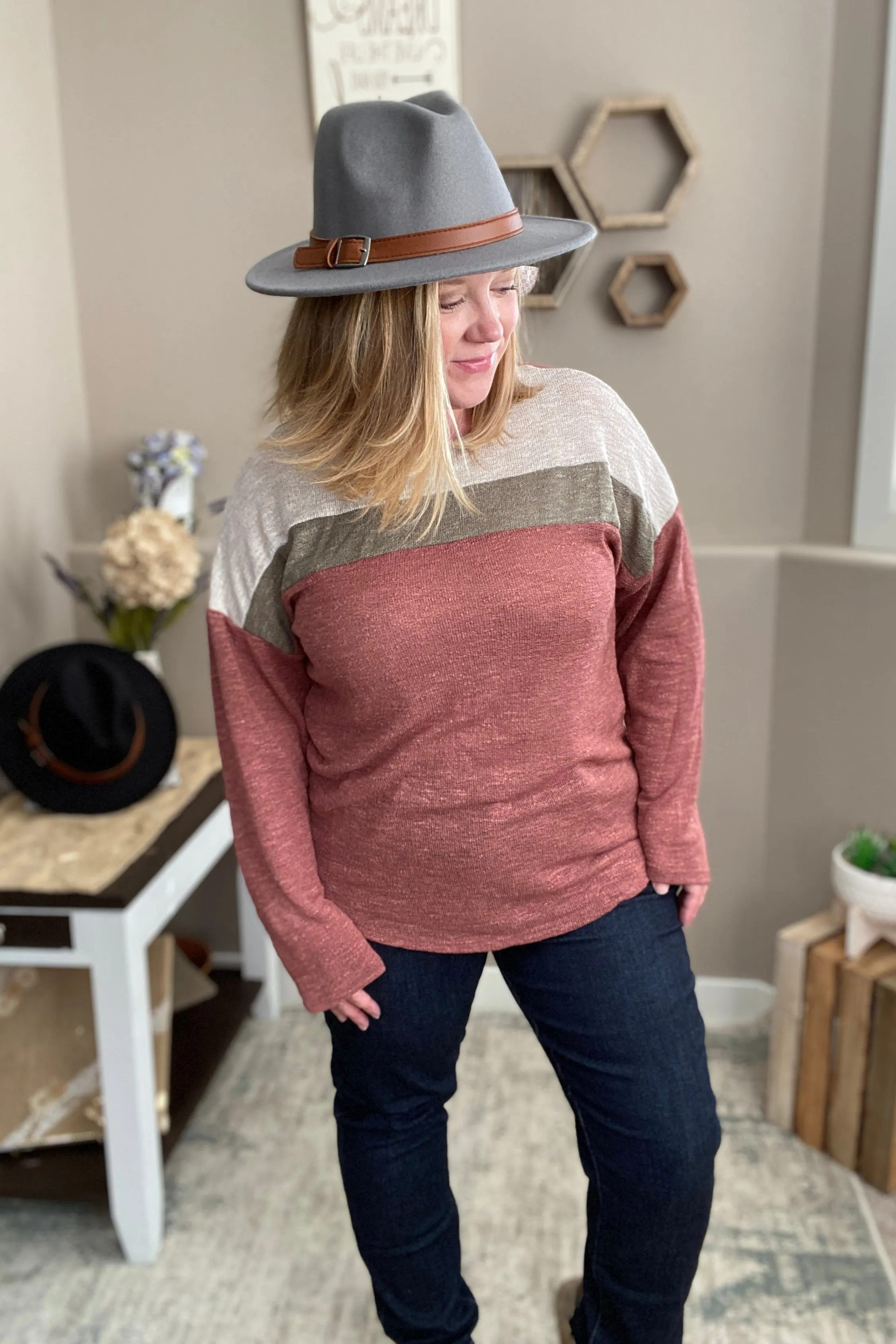 Mauve Color Block Knit Top