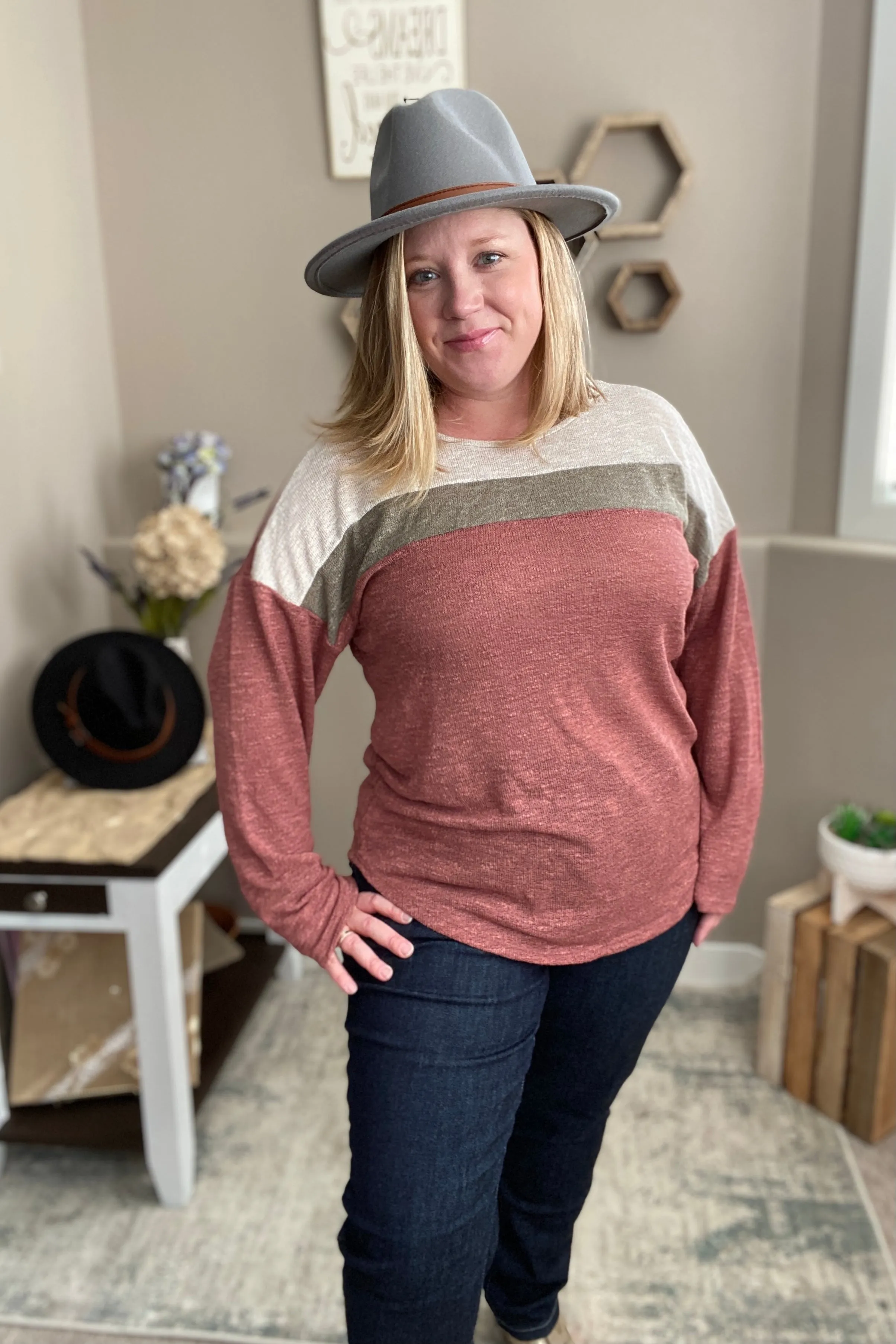 Mauve Color Block Knit Top