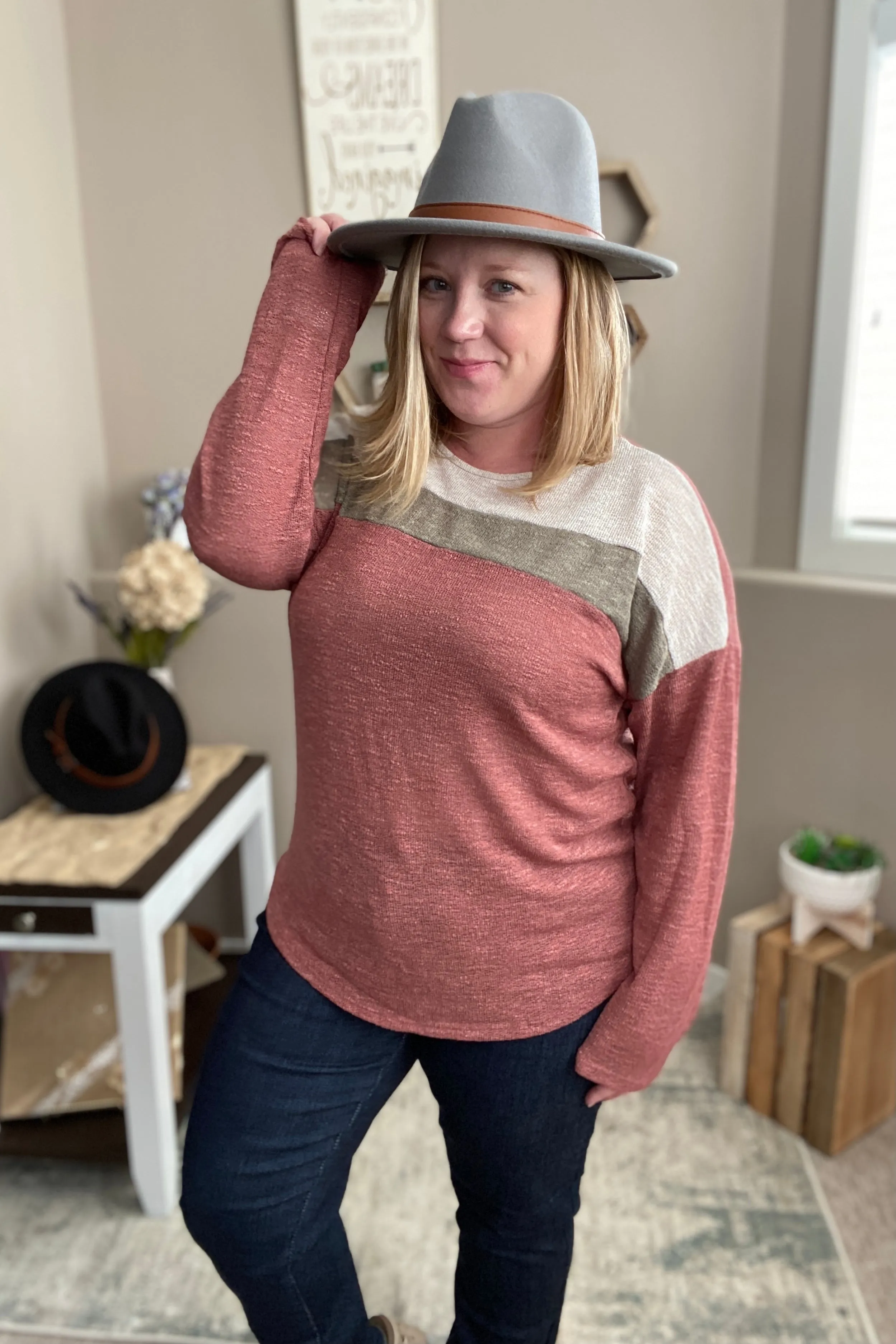 Mauve Color Block Knit Top