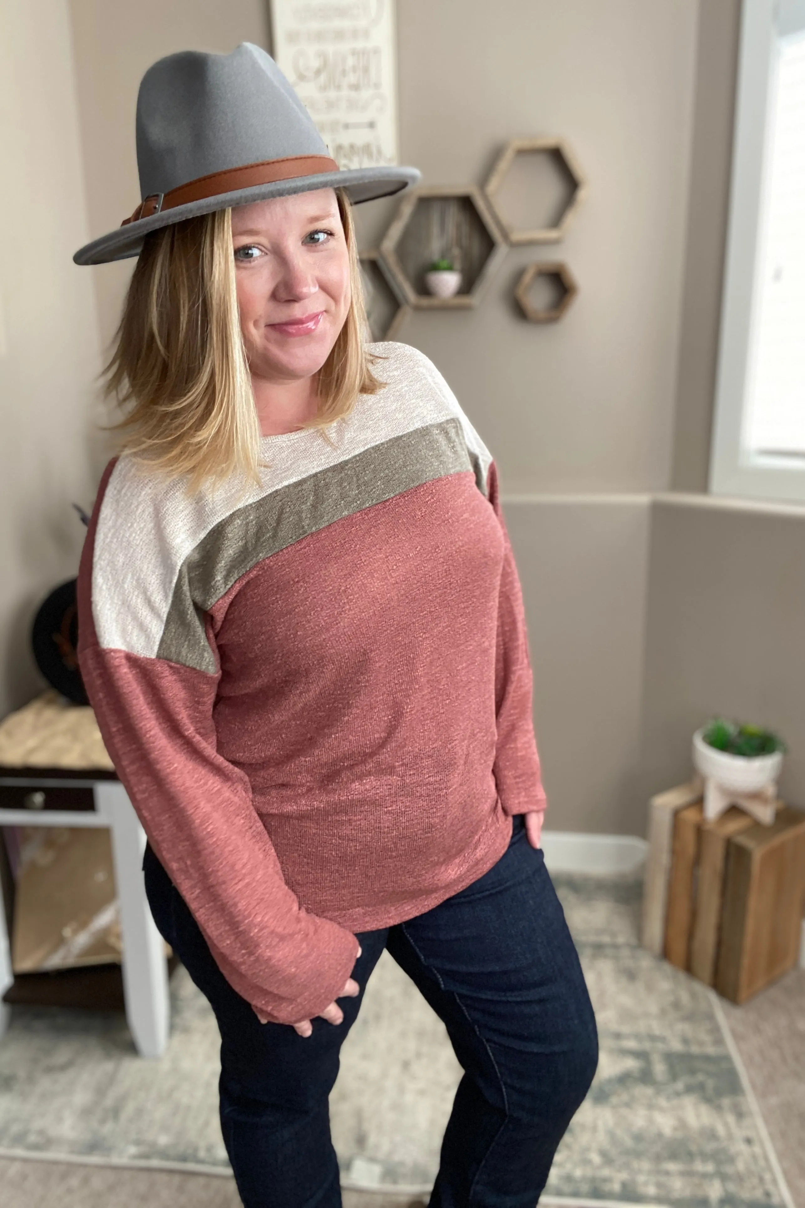 Mauve Color Block Knit Top
