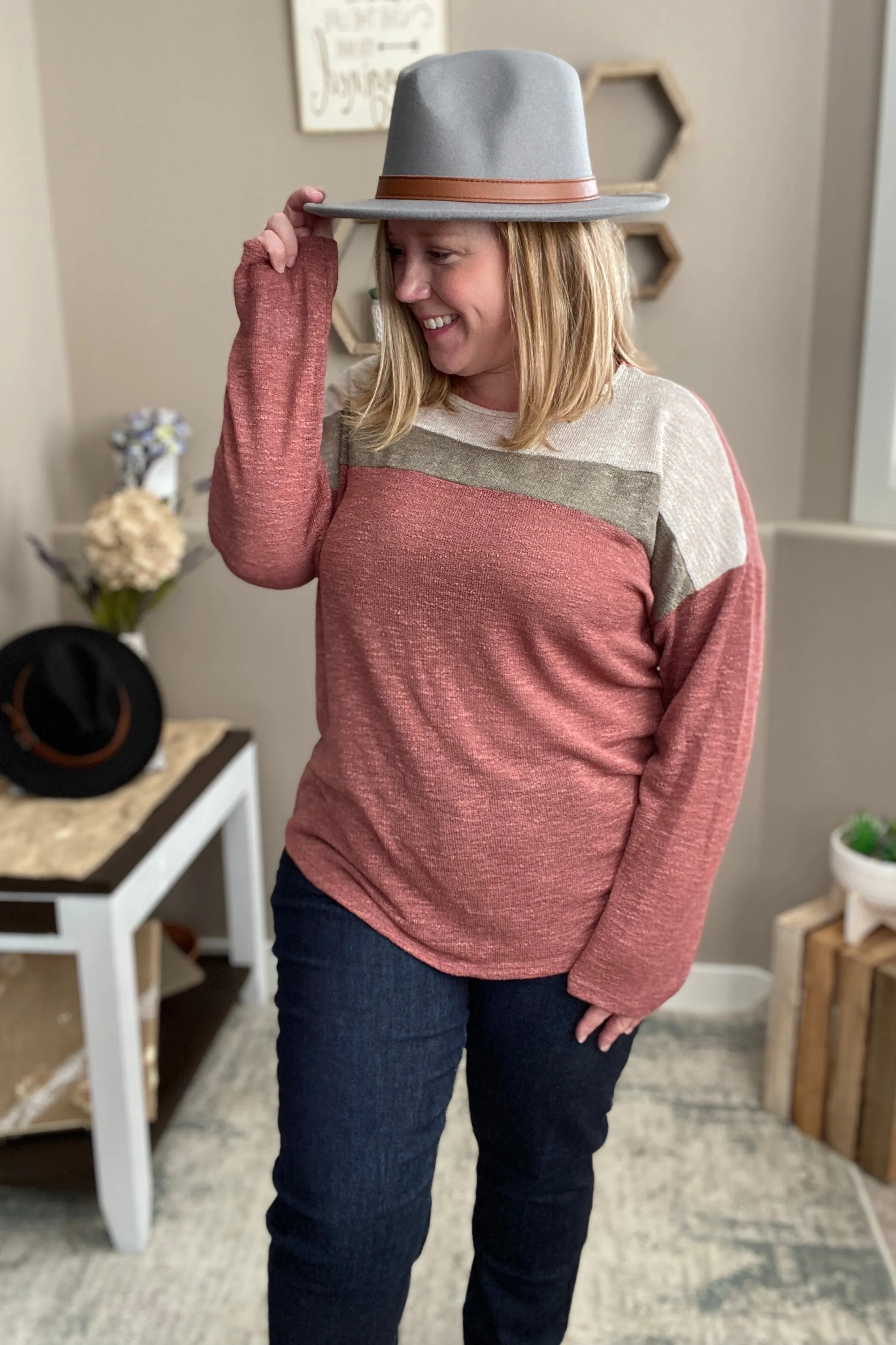 Mauve Color Block Knit Top