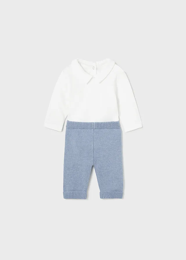 Mayoral 2516 Spanish Knitted Blue Cardigan and Trousers with Bodysuit In Stock Now