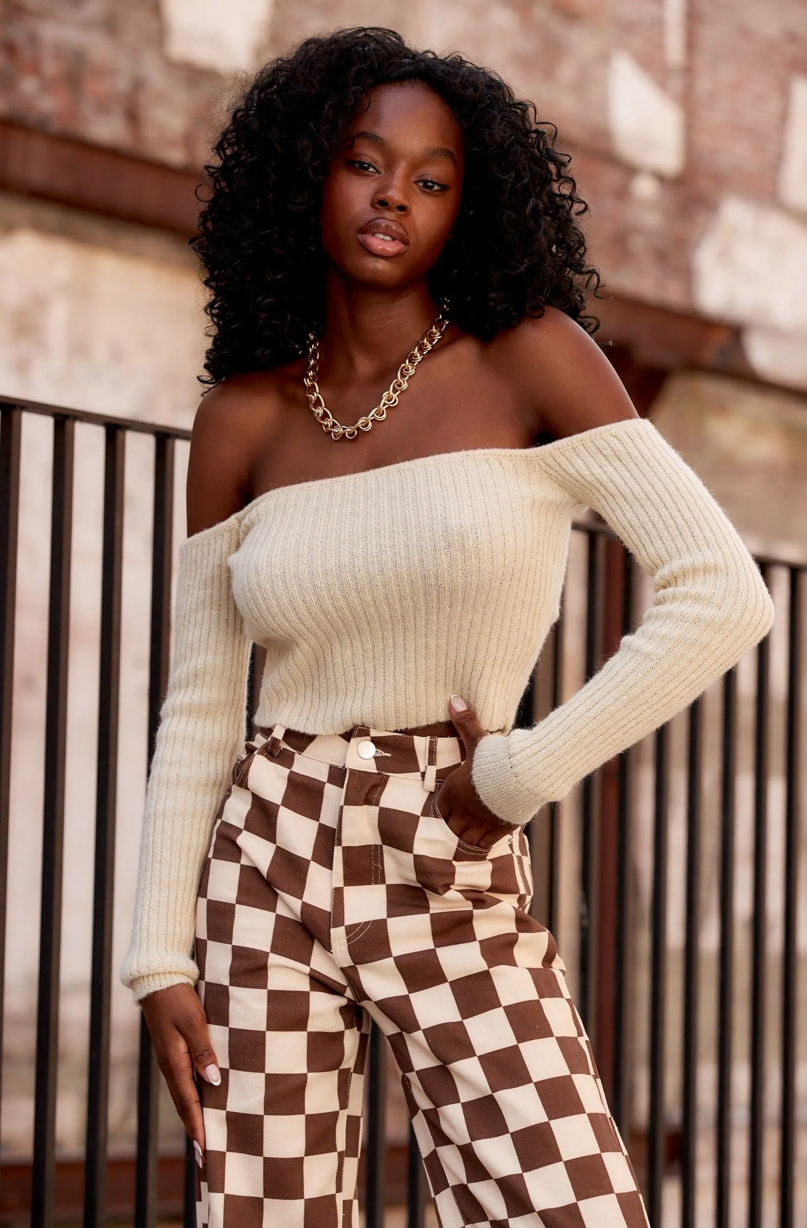 Miley Beige Off The Shoulder Sweater