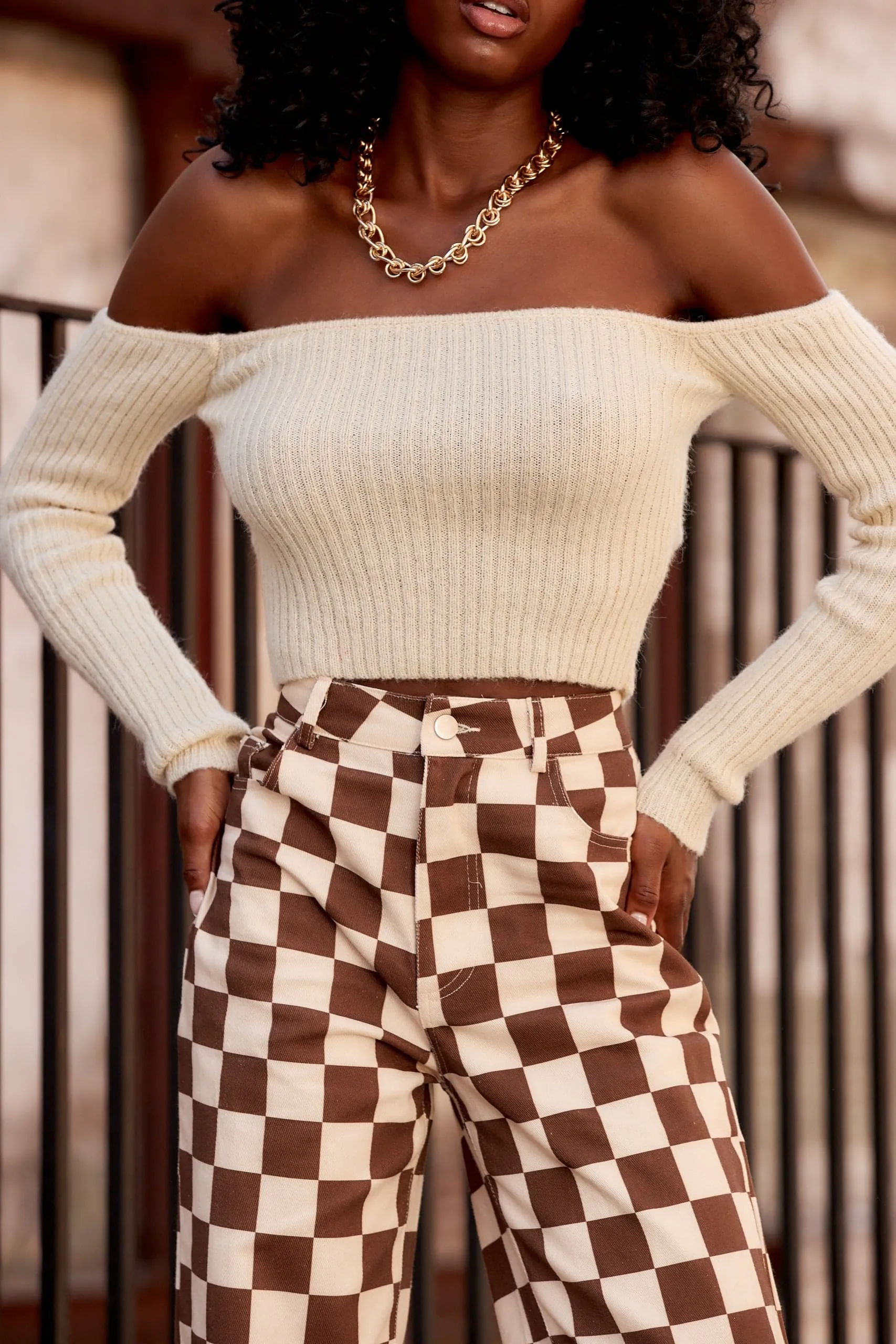 Miley Beige Off The Shoulder Sweater