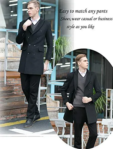 Mordenmiss Men's Premium Double Breasted Woolen Pea Coat Notched Collar Overcoat Black L
